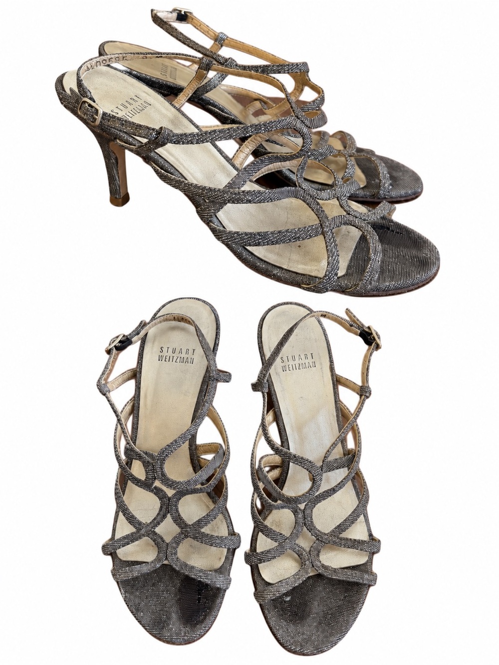 Stuart Weitzman Metallic Gold Shimmer Strappy Slingback Heels Size 8.5